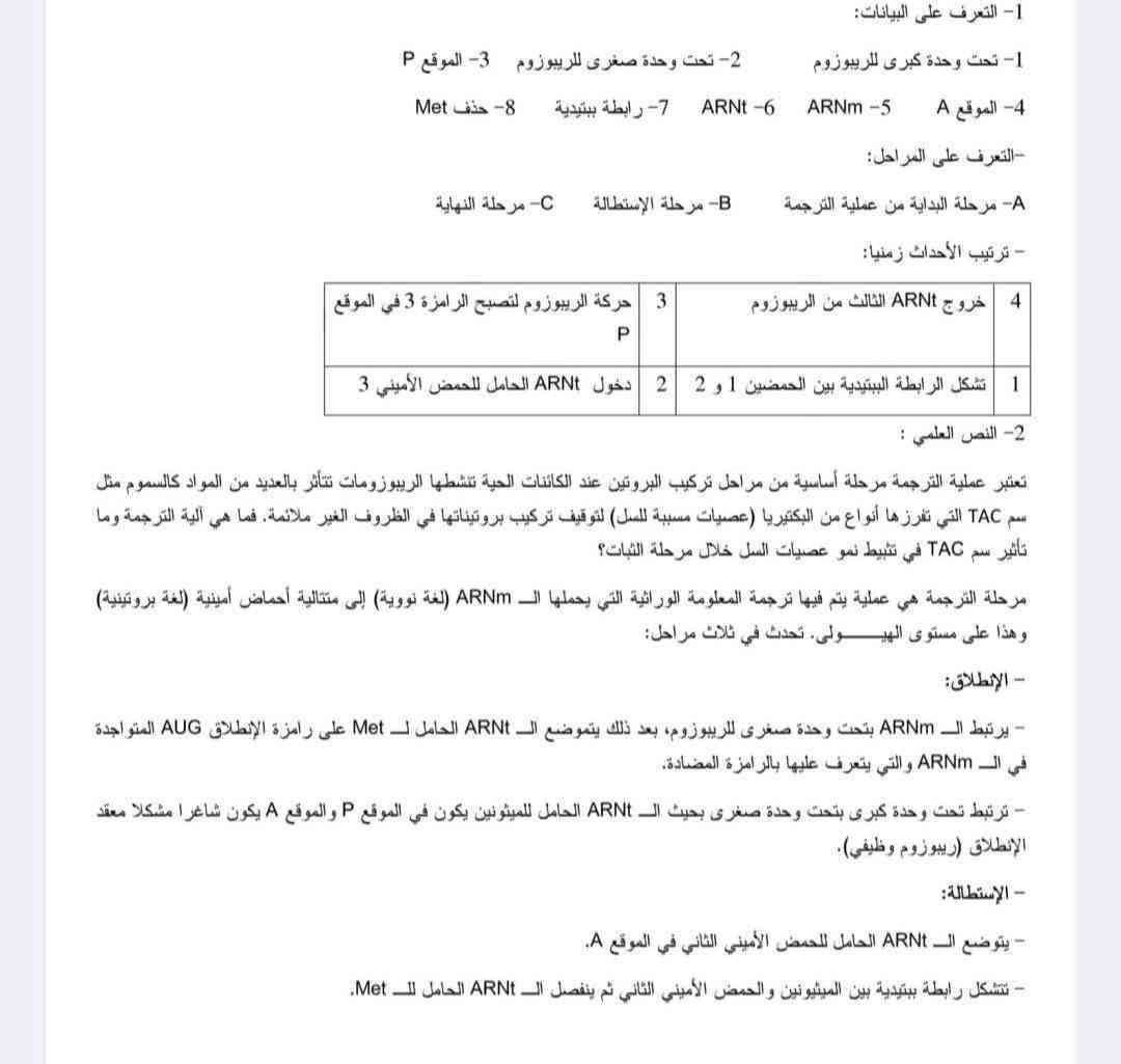 تمارين علوم لشعبة علوم تجريبية و رياضيات الوحدة الولى تركيب البروتين (2)